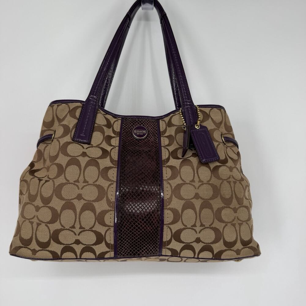 Coach Signature Canvas Purple Snakeskin Trim Satchel Bag F24882 Brown Purple